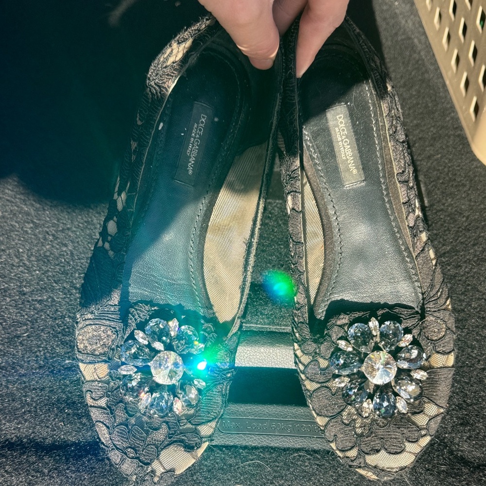Dolce & Gabbana Black Lace Flats with Crystal Embellishments